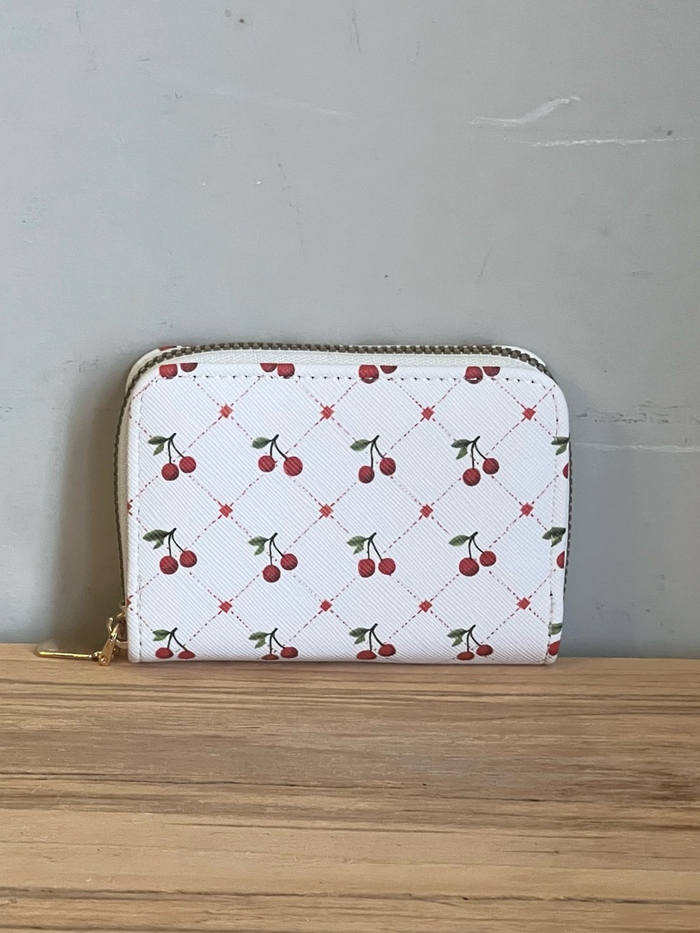 White Cherry Print Zip Wallet